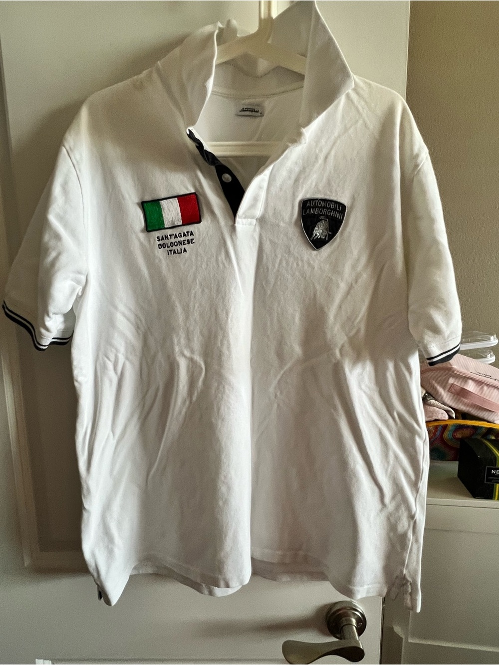 Lamborghini White Polo with Italian Flag and Shield Patches